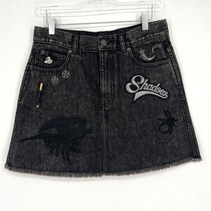 Marc Jacobs Denim Skirt Womens 29 Punk‎ Patches Embroidered Black Goth Grunge
